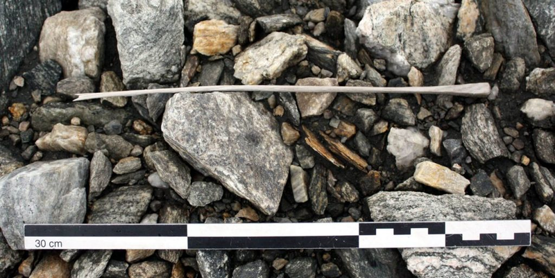 A blunt toy arrow, radiocarbon-dated to c. AD 600, during the Late Antique Little Ice Age. Found in a glaciated mountain pass. The arrow is only 26,5 cm long. Photo: Secrets of the Ice